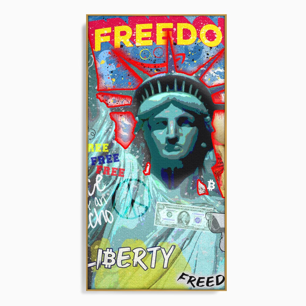 Tablou canvas cu tablou canvas cu statuia libertatii si graffiti, in rama de aluminiu auriu